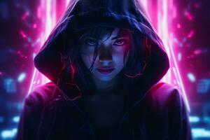 a woman in a hoodie with neon lights generative ai photo