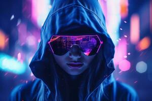 a woman in a hoodie with neon lights on her face photo