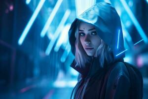 a woman in a hoodie with neon lights generative ai photo