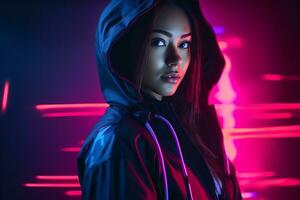 a woman in a hoodie with neon lights generative ai photo