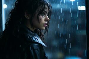 a woman in a leather jacket looking out the window in the rain generative ai photo