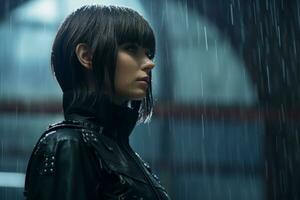 a woman in a leather jacket standing in the rain photo
