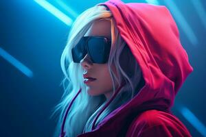 a woman in a pink hoodie and sunglasses generative ai photo