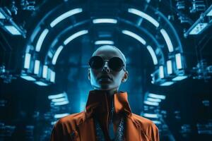 a woman in an orange jacket and sunglasses standing in front of neon lights generative ai photo