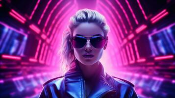 a woman in sunglasses and a leather jacket in front of neon lights generative ai photo