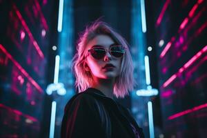 a woman in sunglasses standing in front of neon lights generative ai photo