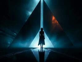 a woman standing in front of a large triangle generative ai photo