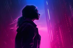 a woman standing in front of a city with neon lights generative ai photo