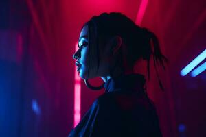 a woman standing in front of neon lights generative ai photo