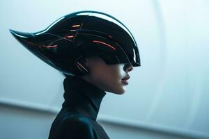 a woman wearing a futuristic helmet in a dark room photo