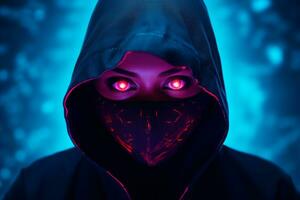 a woman wearing a black hoodie with glowing red eyes generative ai photo