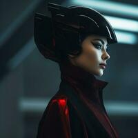 a woman wearing a futuristic helmet in a dark room generative ai photo