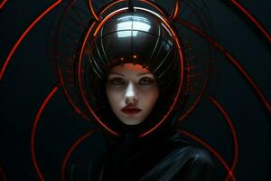 a woman wearing a futuristic helmet with red lights generative ai photo