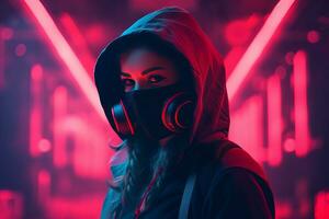 a woman wearing a gas mask and hoodie in front of neon lights generative ai photo