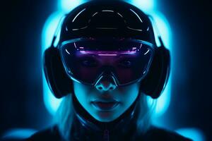 un mujer vistiendo un casco con neón luces generativo ai foto