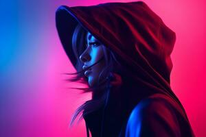 a woman wearing a hoodie in front of a colorful background generative ai photo