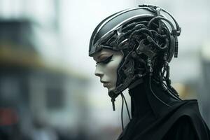 a woman wearing a helmet with wires on her head generative ai photo