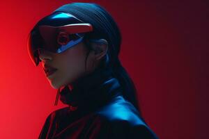 a woman wearing a virtual reality headset in front of a red background generative ai photo