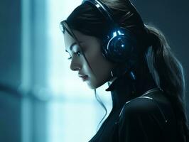 a woman wearing headphones in a dark room generative ai photo