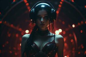 a woman wearing headphones in a dark room generative ai photo