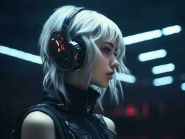 a woman wearing headphones in a dark room generative ai photo