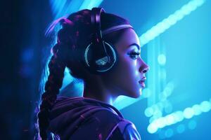 a woman wearing headphones in front of neon lights photo