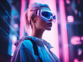 un mujer vistiendo neón lentes en un urbano ajuste generativo ai foto
