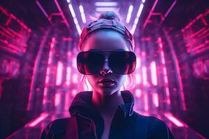 a woman wearing sunglasses and a black jacket in front of neon lights generative ai photo