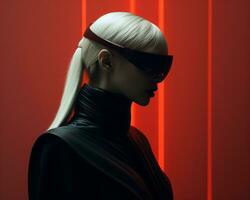 a woman wearing sunglasses and a black leather jacket in front of a red light generative ai photo