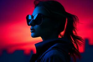 un mujer vistiendo Gafas de sol en frente de un rojo y azul cielo generativo ai foto