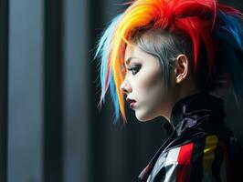 a woman with a colorful mohawk is looking off into the distance generative ai photo