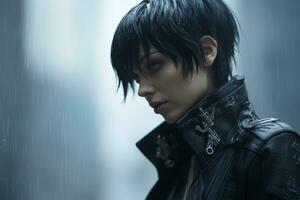 a woman with black hair and leather jacket standing in the rain generative ai photo