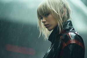 a woman with blonde hair standing in the rain photo