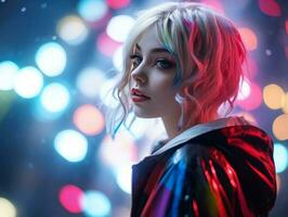 a woman with colorful hair in the rain with lights in the background generative ai photo