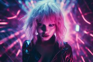 a woman with pink hair and neon lights in the background photo