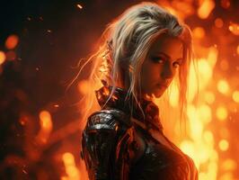a woman with long blonde hair standing in front of fire generative ai photo