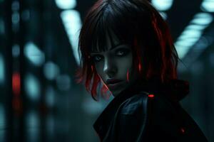 un mujer con rojo pelo en pie en un oscuro pasillo generativo ai foto