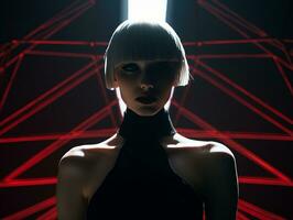 a woman with white hair and a black dress standing in front of a red light generative ai photo