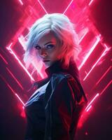 a woman with white hair and black jacket standing in front of neon lights generative ai photo