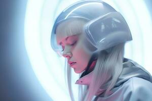 un mujer con blanco pelo y un futurista casco generativo ai foto