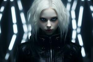 a woman with white hair and blue eyes in a black leather jacket generative ai photo