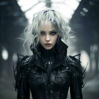 a woman with white hair in a black leather jacket photo