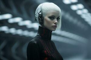 a woman with white hair in a futuristic setting photo