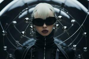 a woman with white hair wearing sunglasses and a black jacket generative ai photo