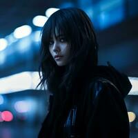 an asian woman in a black jacket standing in an urban area at night generative ai photo