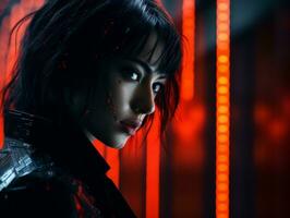 an asian woman with red lights in front of her generative ai photo