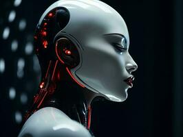 an image of a female robot with glowing red eyes generative ai photo