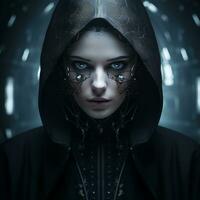 an image of a woman in a black hood photo