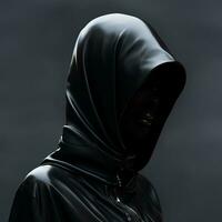 un imagen de un mujer en un negro capucha generativo ai foto