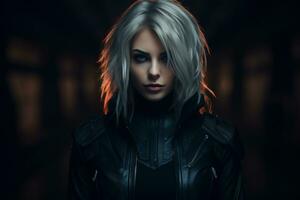 an image of a woman in a black leather jacket photo